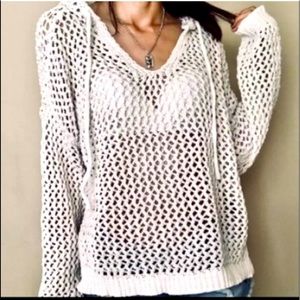 Nicole Miller Cream Crochet Boho Hooded Pullover Open Knit Sweater